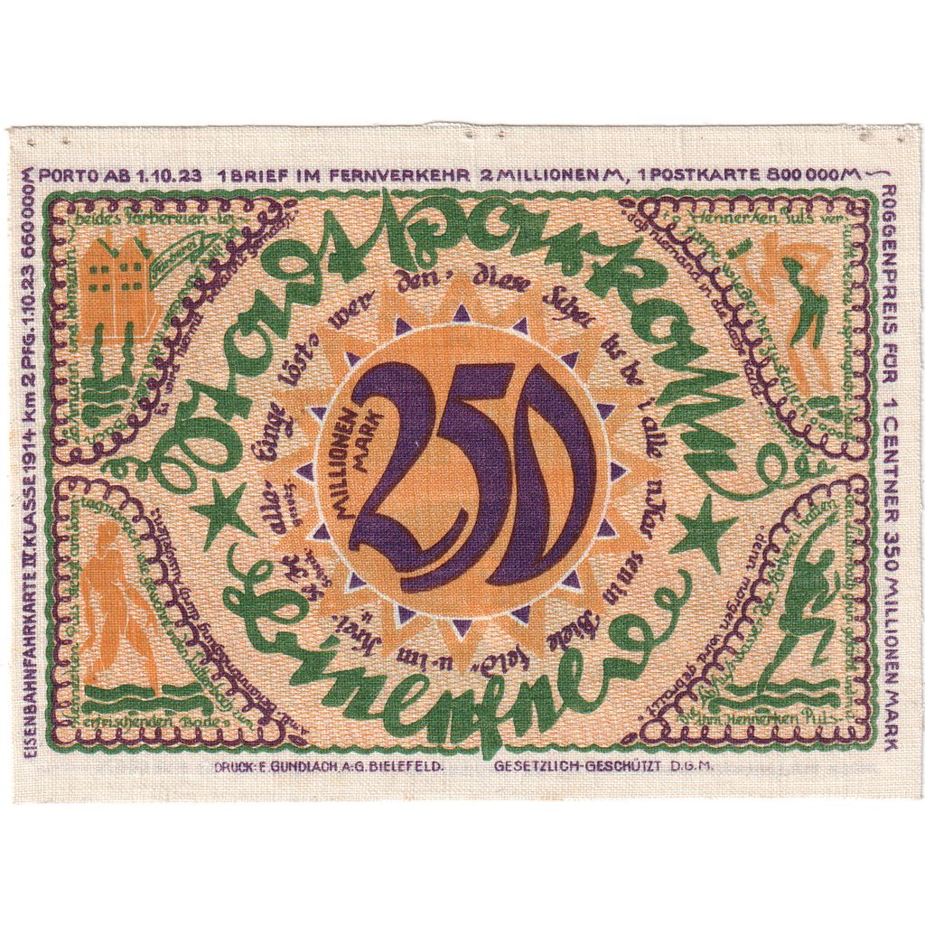 Deutschland, Bielefeld, 250 Millionen Mark, 1922-04-02, UNZ-, Leinen