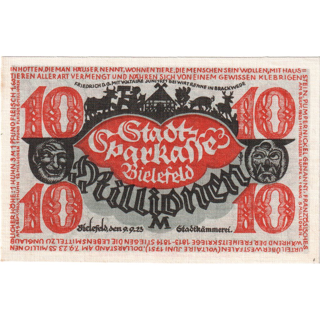 Germany, Bielefeld, 10 Millionen Mark, 1923-09-09, UNC(63), Linen, Grabowski:82