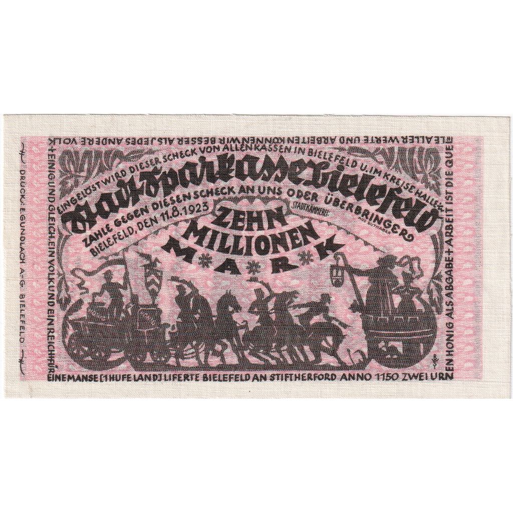 Deutschland, Bielefeld, 10 Millionen Mark, 1923-08-11, UNZ-, Leinen