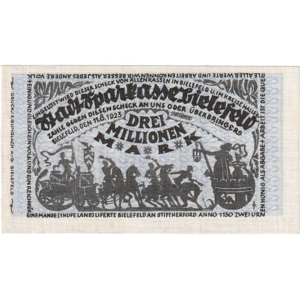 Niemcy, Bielefeld, 3 Millionen Mark, 1923-08-11, UNC(63), Pościel, Grabowski:79