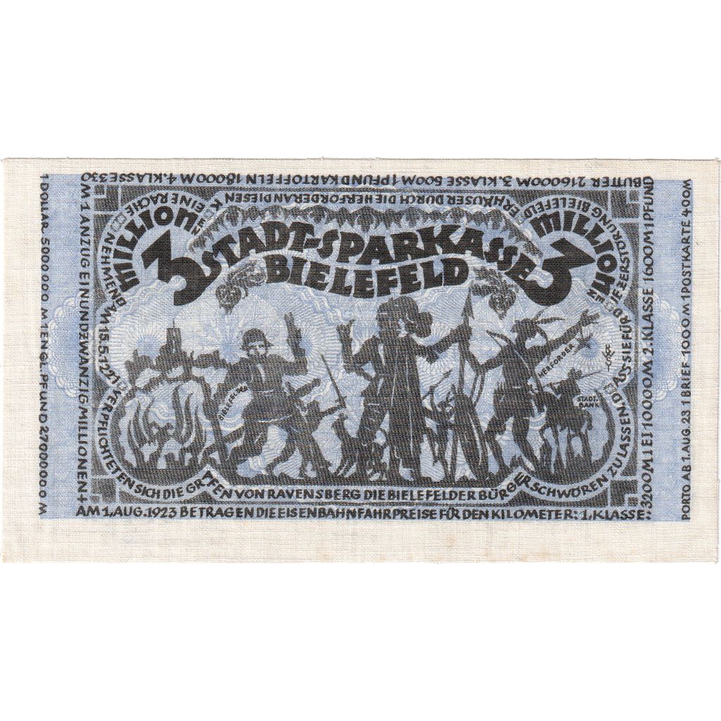 Niemcy, Bielefeld, 3 Millionen Mark, 1923-08-11, UNC(63), Pościel, Grabowski:79