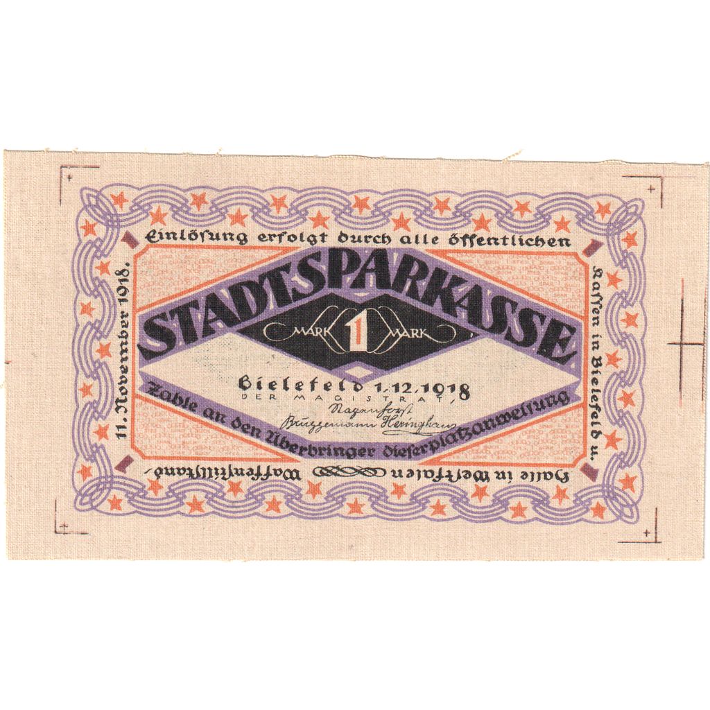 Niemcy, Bielefeld, 1 Mark, 1918-12-01, UNC(63), Pościel, Grabowski:P7