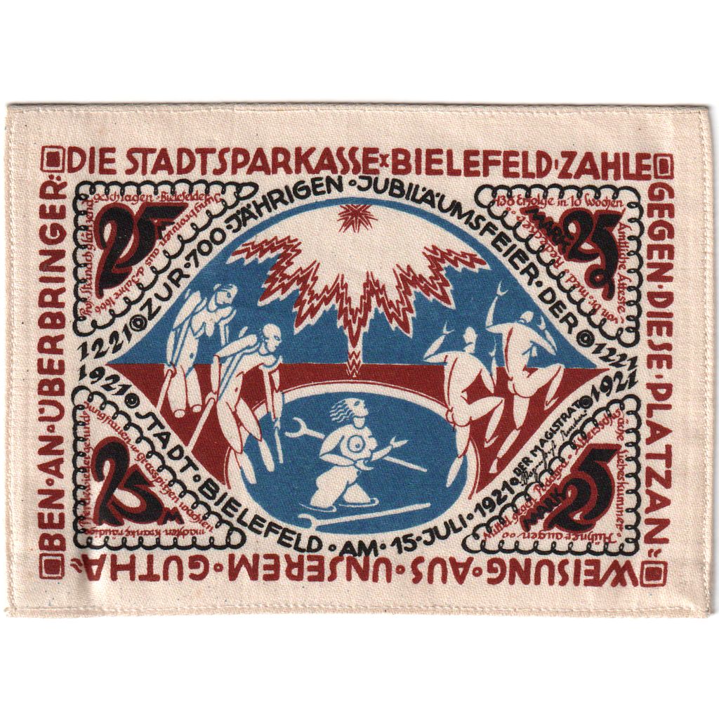 Germany, Bielefeld, 25 MARK, 1921-07-15, UNC(63), Silk, Grabowski:21c
