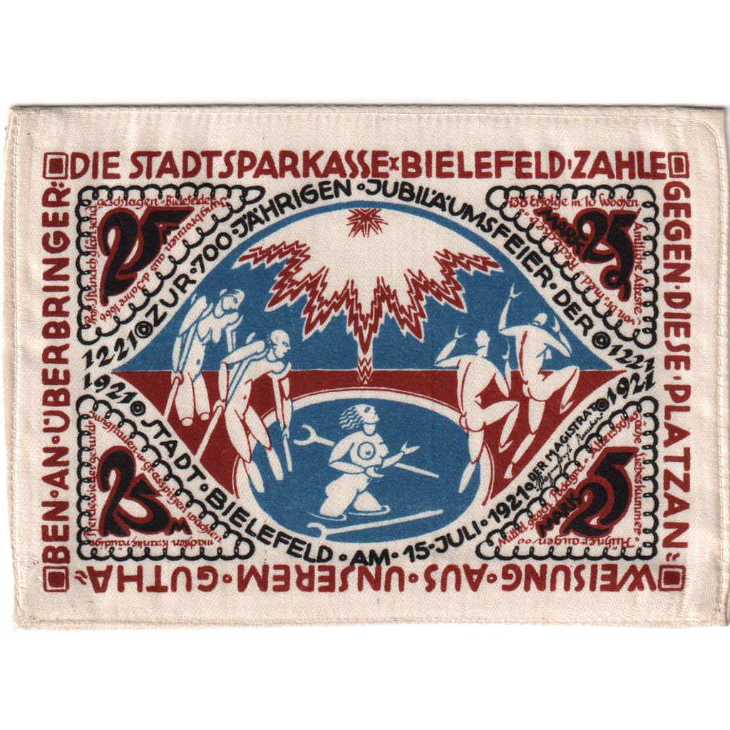 Germany, Bielefeld, 25 MARK, 1921-07-15, UNC(63), Silk, Grabowski:21d