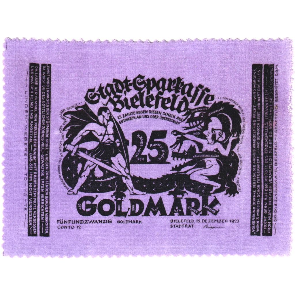 Niemcy, Bielefeld, 25 Goldmark, 1923-12-15, UNC(63), Aksamit, Grabowski:114b