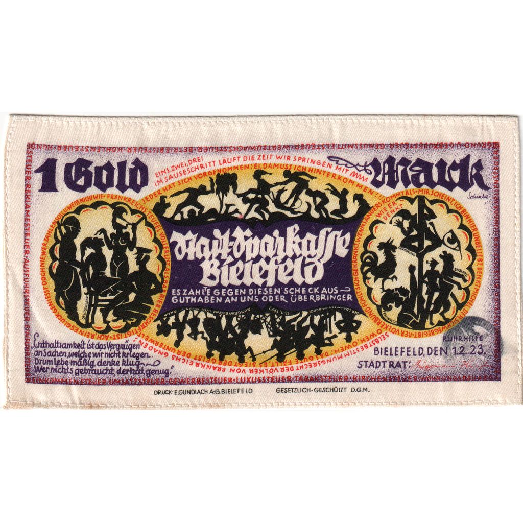 Deutschland, Bielefeld, 1 Goldmark, 1923-02-01, UNZ-, Seide, Grabowski:100a