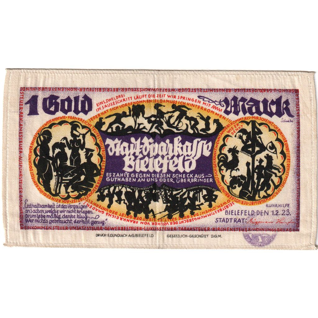 Allemagne, Bielefeld, 1 Goldmark, 1923-02-01, SUP, Soie, Grabowski:100a
