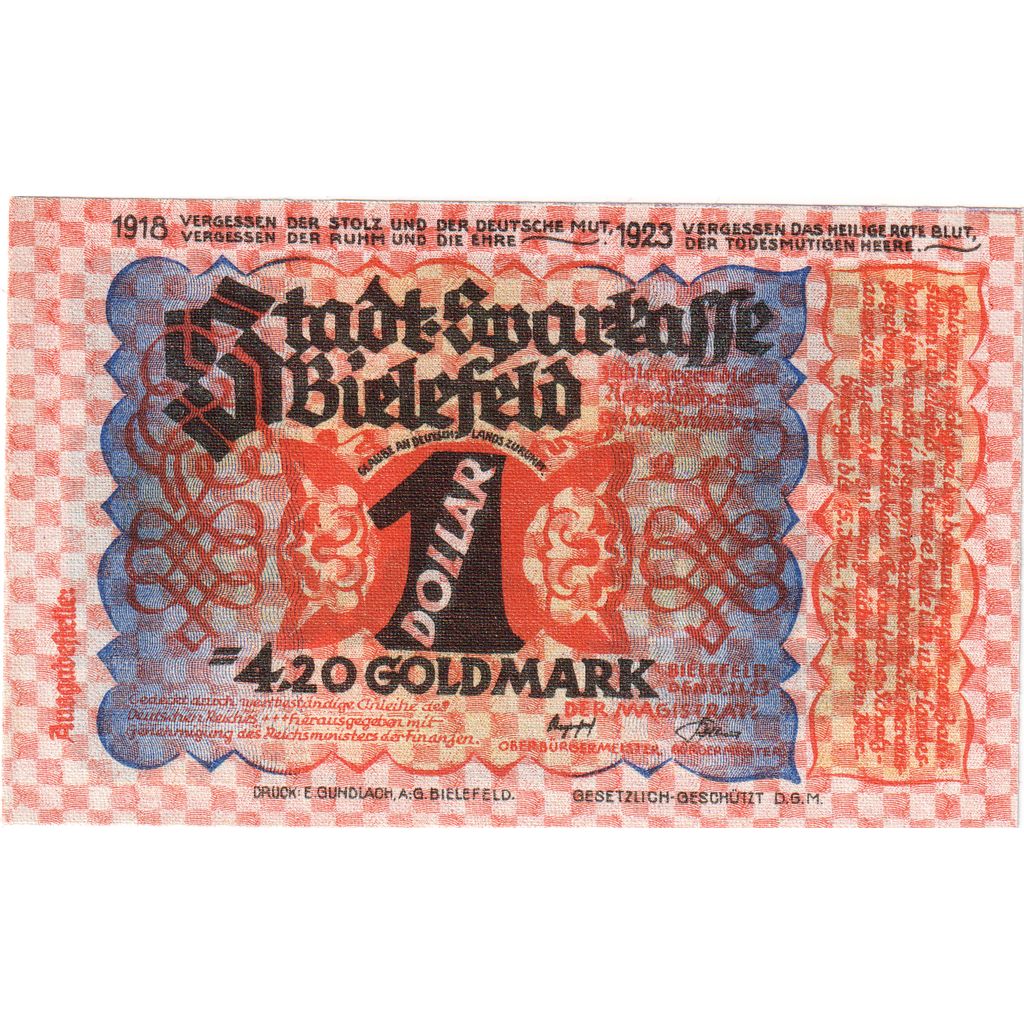 Germany, Bielefeld, 1 Dollar, 1923-11-08, UNC(63), Linen, Grabowski:97