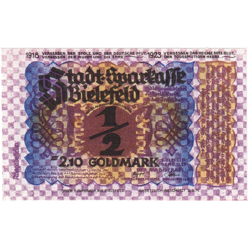 Germany, Bielefeld, 2.10 Goldmark, 1923-11-08, UNC(63), Linen, Grabowski:96