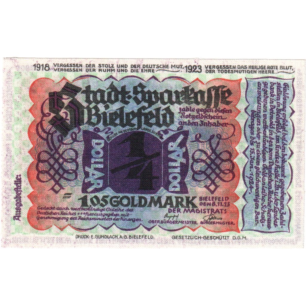 Germany, Bielefeld, 1.05 Goldmark, 1923-11-08, UNC(63), Linen, Grabowski:95