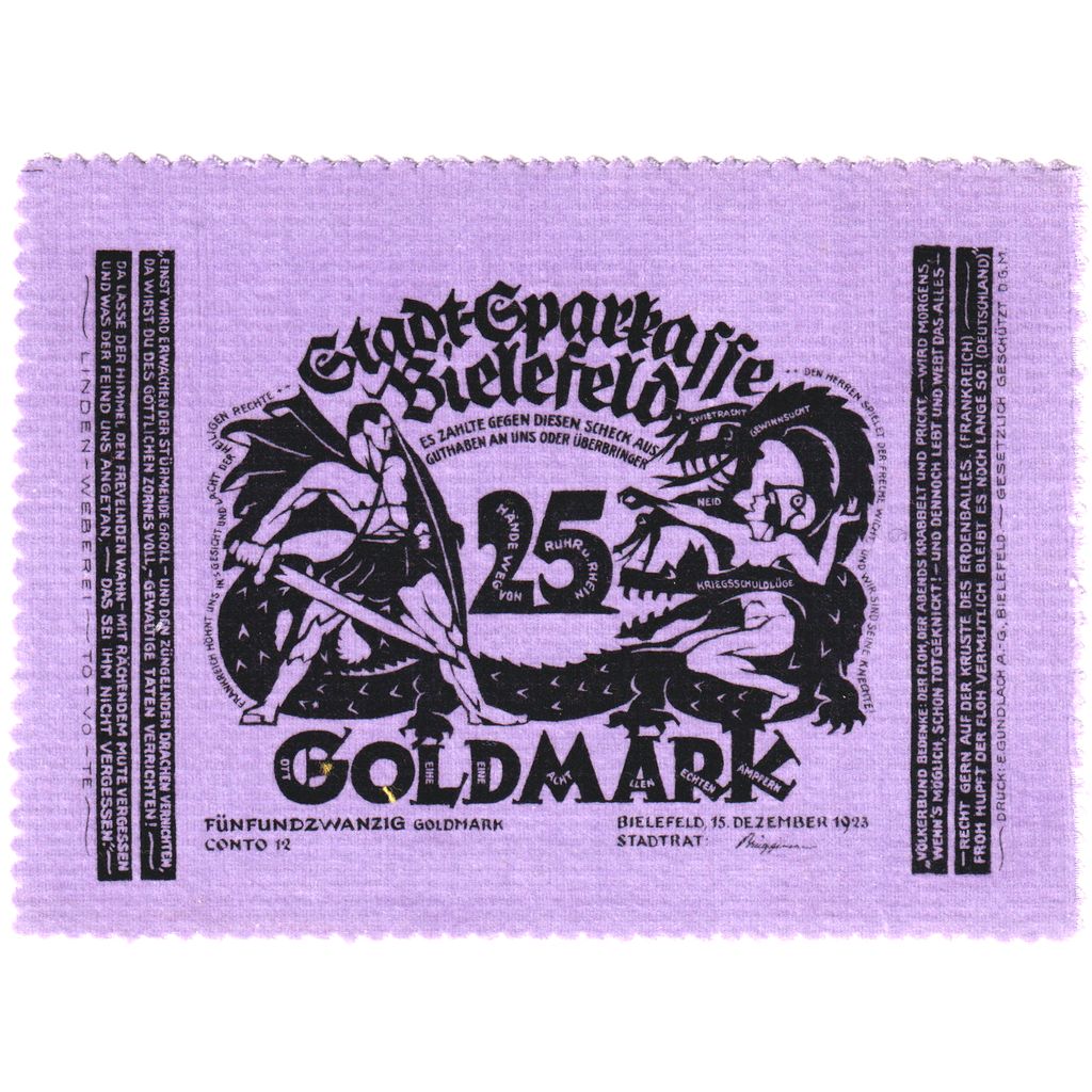 Germany, Bielefeld, 25 Goldmark, 1923-12-15, UNC(63), Velvet, Grabowski:114b