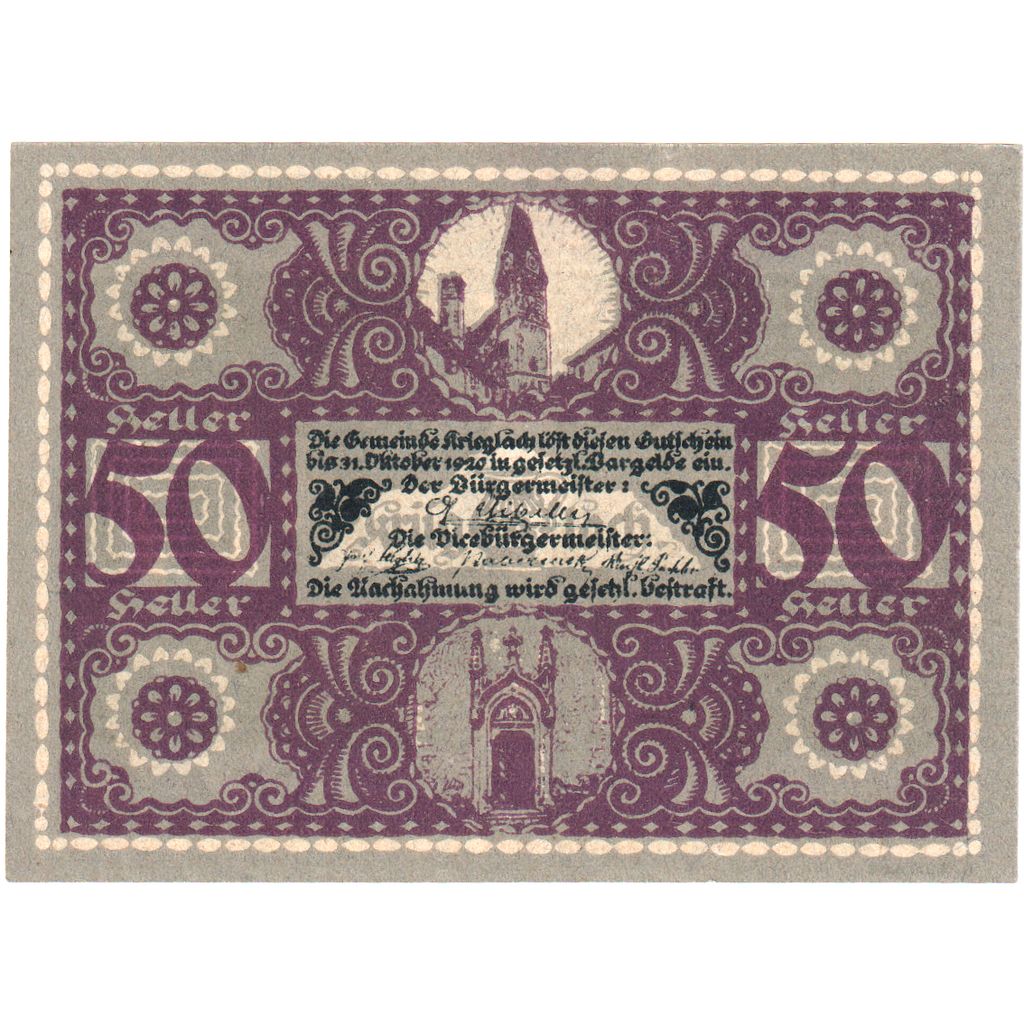 Áustria, Krieglach, 50 Heller, 1920-10-31, UNC(63)