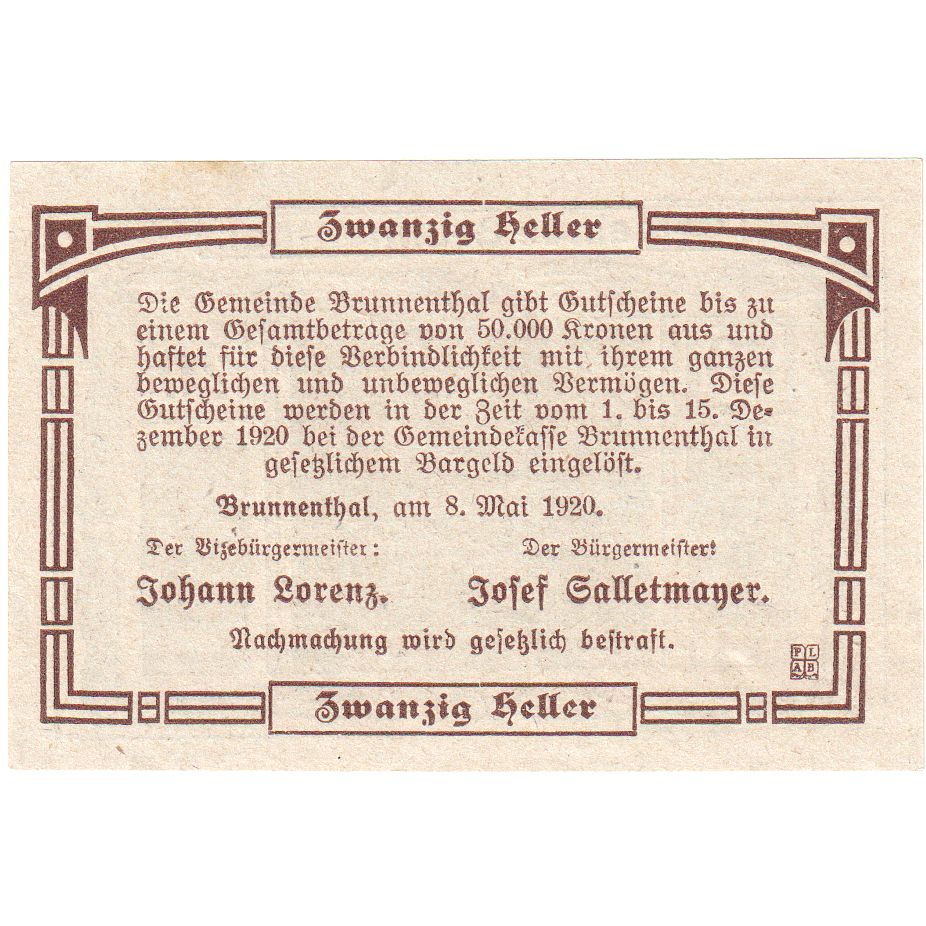 Österreich, Brunnenthal, 20 Heller, 1920-12-15, UNZ-