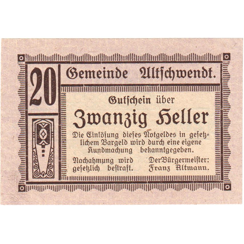Austria, Altschwendt, 20 Heller, UNC(63)