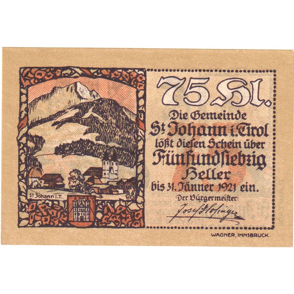 Österreich, St Johann in Tirol, 75 Heller, 1921-01-31, UNZ-