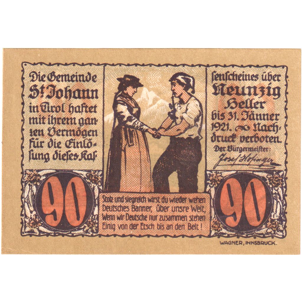 Österreich, St Johann in Tirol, 90 Heller, 1921-01-31, UNZ-