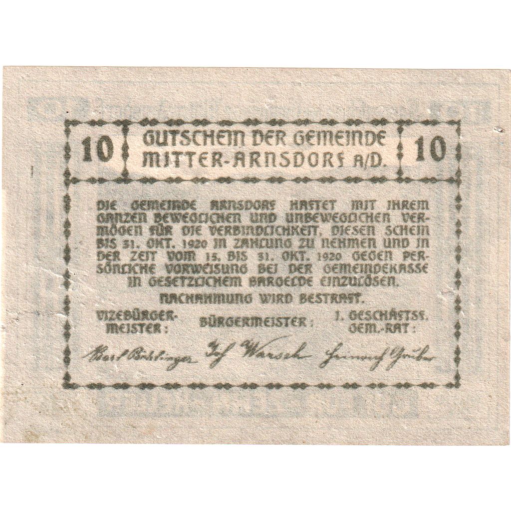 Austria, Arnsdorf, 10 Heller, 1920-10-31, MBC