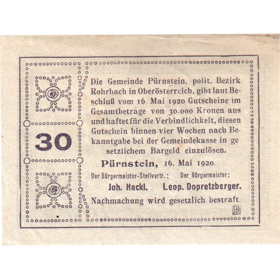 Österreich, Pürnstein, 30 Heller, UNZ-