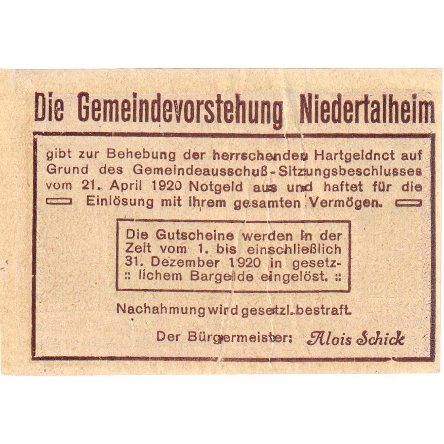 Österreich, Niedertalheim, 10 Heller, 1920-12-31, UNZ-