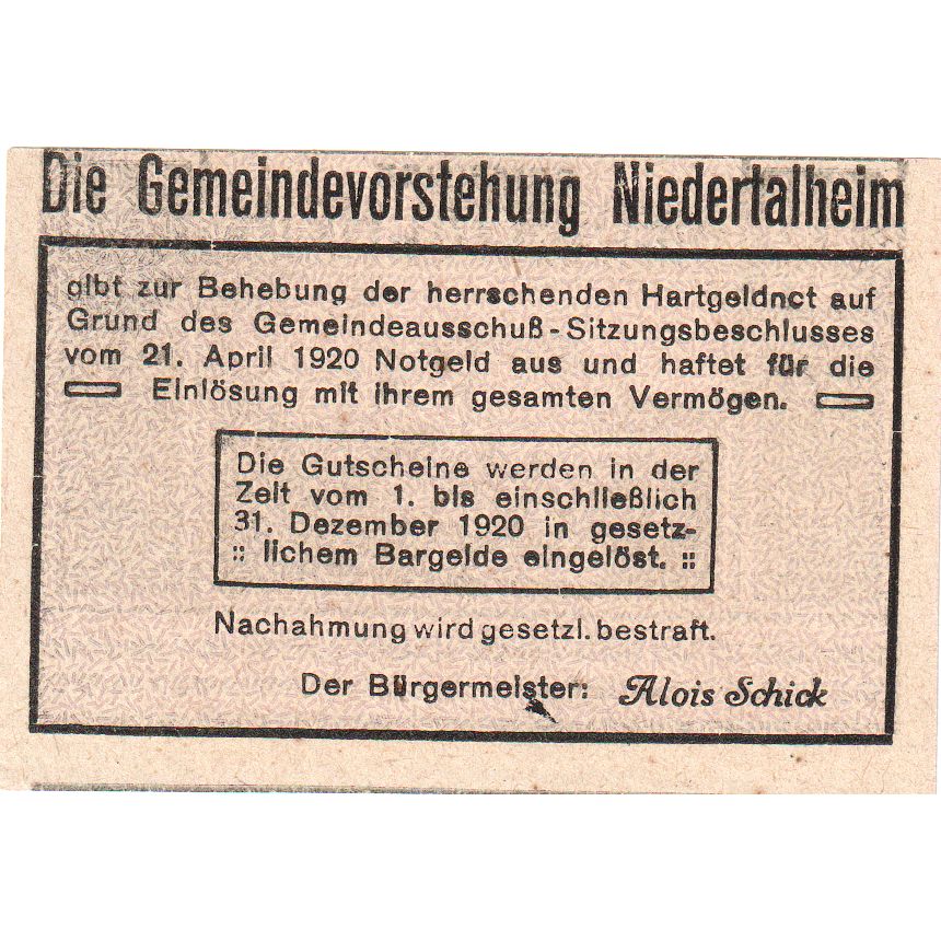 Österreich, Niedertalheim, 10 Heller, 1920-12-31, UNZ-