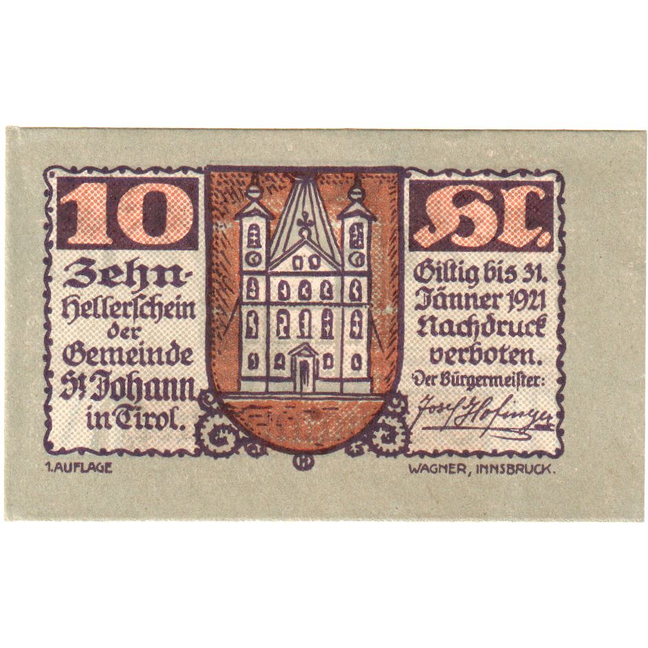 Österreich, St Johann in Tirol, 10 Heller, 1921-01-31, UNZ-