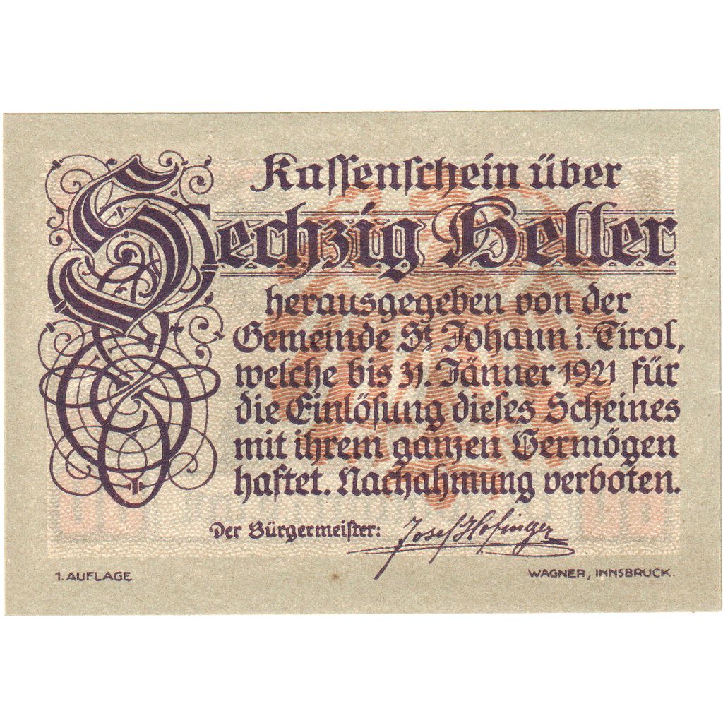 Austria, St Johann in Tirol, 60 Heller, 1921-01-31, UNC(63)
