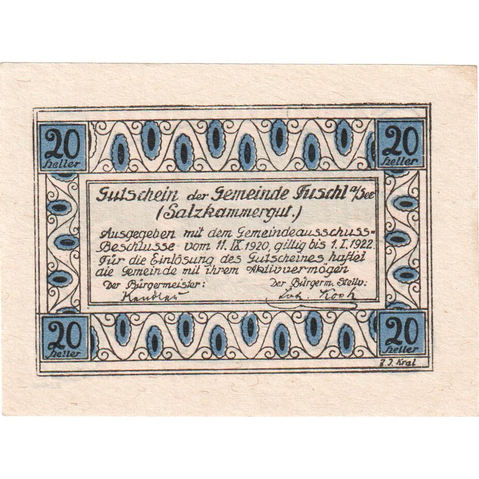 Austria, Fuschl, 20 Heller, 1922-01-01, UNC(63)