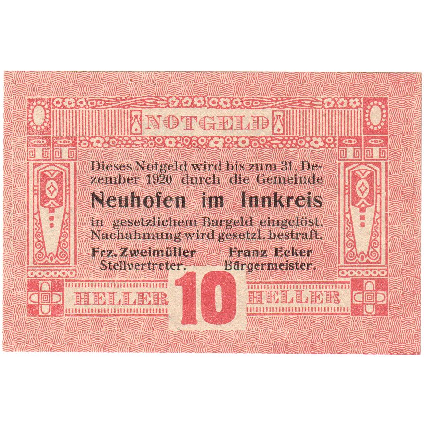 Austria, Neuhofen im Innkreis, 10 Heller, 1920-12-31, UNC(63)