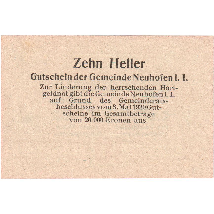 Austria, Neuhofen im Innkreis, 10 Heller, 1920-12-31, UNC(63)