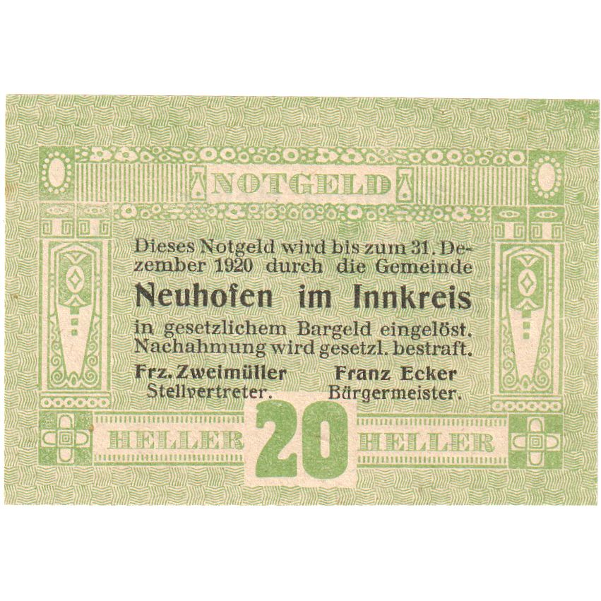 Austria, Neuhofen im Innkreis, 20 Heller, 1920-12-31, UNC(63)