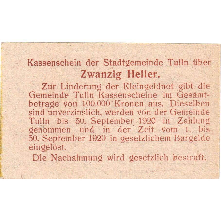 Austria, Tulln, 20 Heller, 1920-09-30, UNC(63)