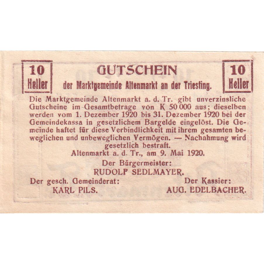 Austria, Altenmarkt, 10 Heller, 1920-12-31, UNC(63)