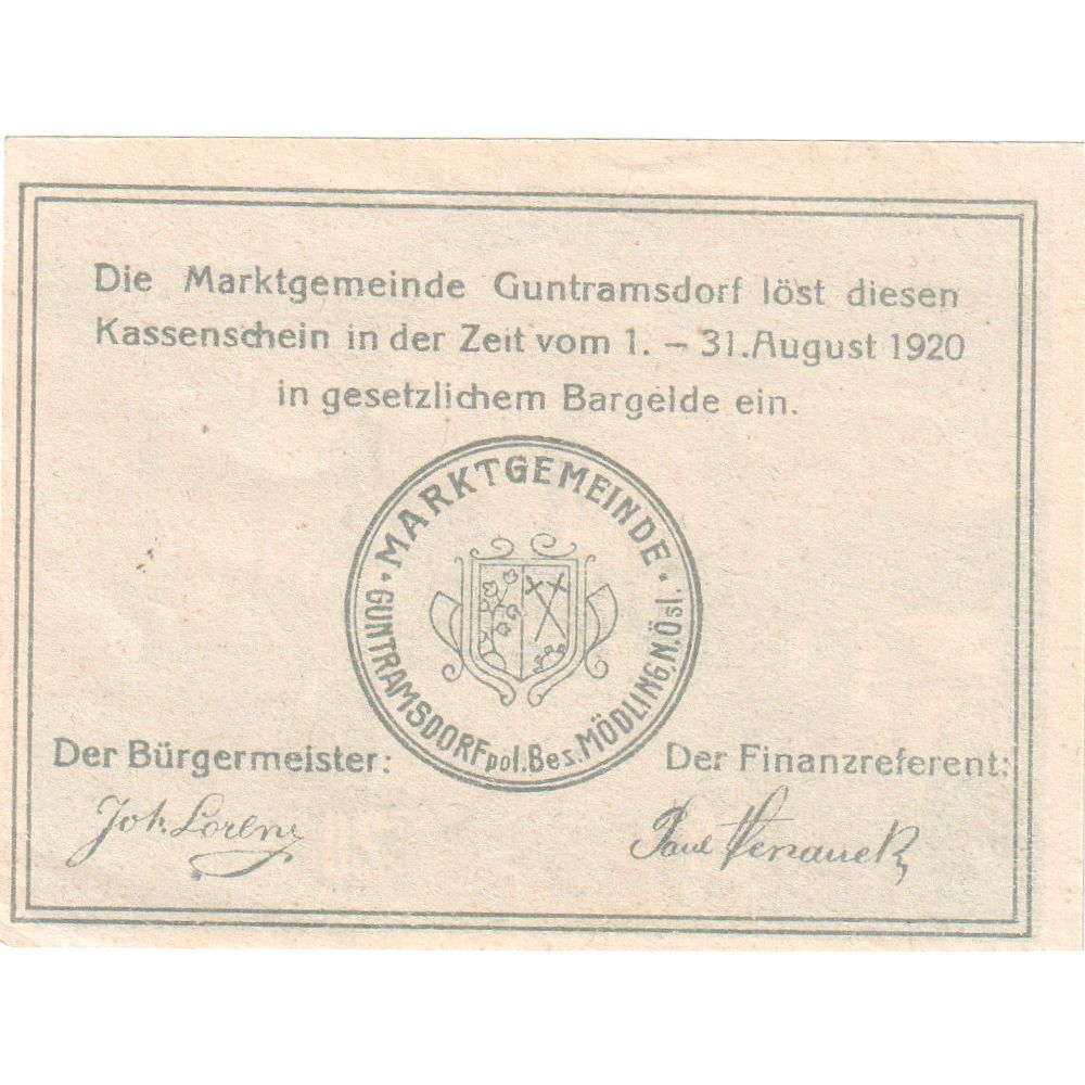 Austria, Guntramsdorf, 20 Heller, 1920-08-31, UNC(63)