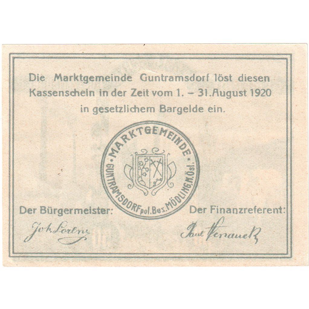 Austria, Guntramsdorf, 50 Heller, 1920-08-31, UNC(63)