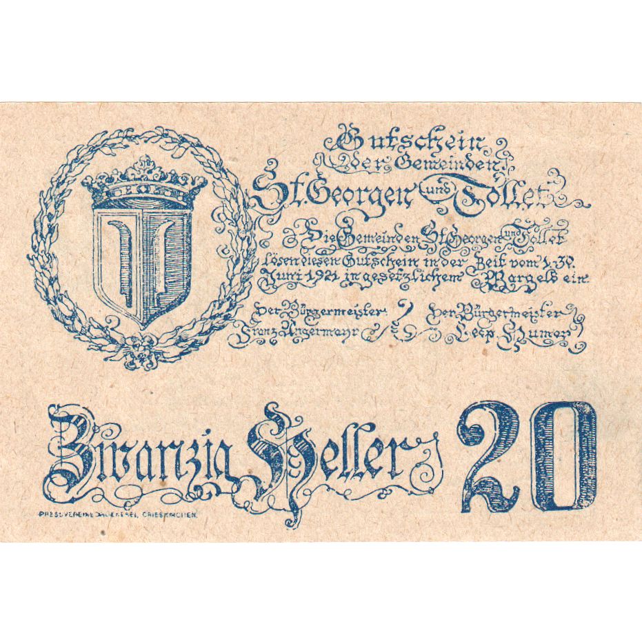 Austria, St Georgen, 20 Heller, 1921-06-30, UNC(63)