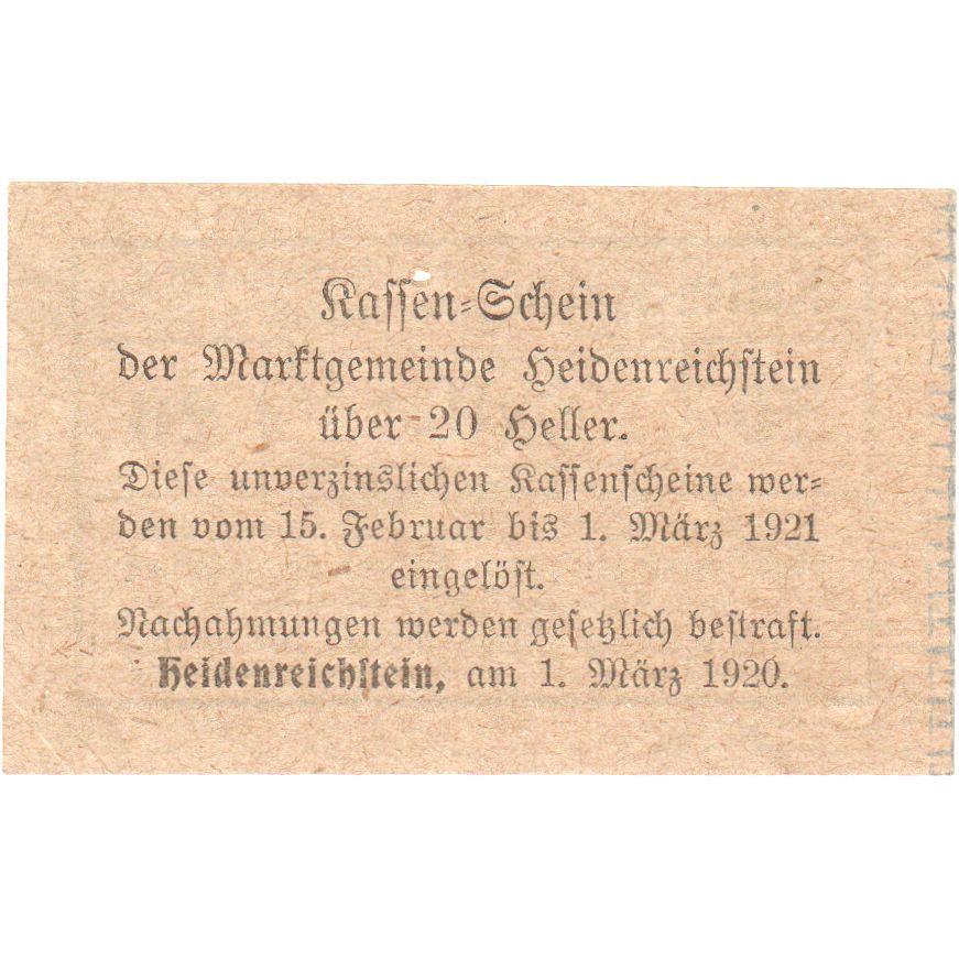 Österreich, Heidenreichstein, 20 Heller, 1921-03-01, UNZ-