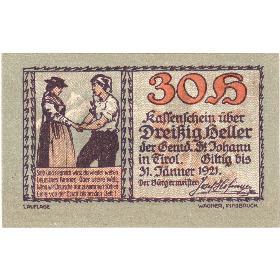 Österreich, St Johann in Tirol, 30 Heller, 1921-01-30, UNZ-