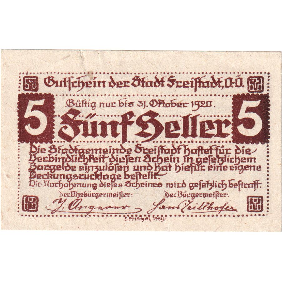 Austria, Freistadt, 5 Heller, 1920-10-31, UNC(63)