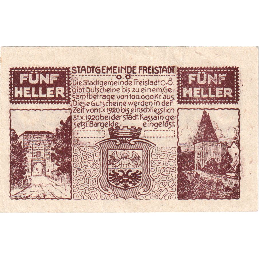 Austria, Freistadt, 5 Heller, 1920-10-31, UNC(63)