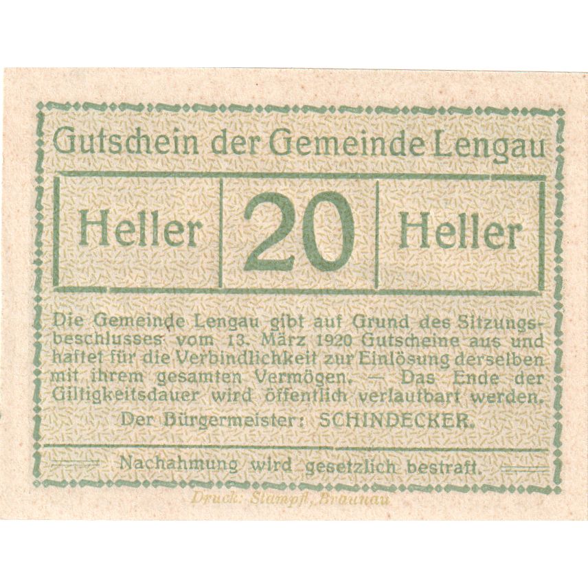 Austria, Lengau, 20 Heller, UNC(63)