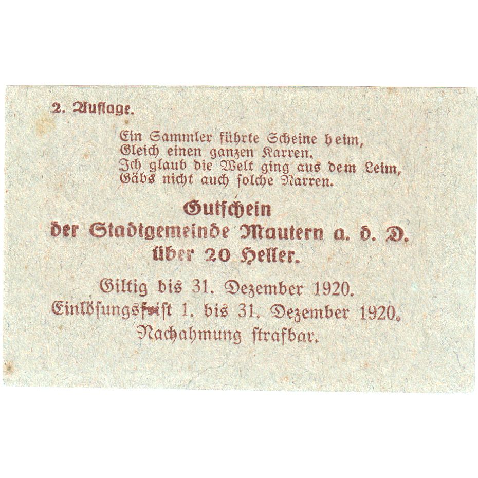 Austria, Mautern, 20 Heller, 1920-12-31, UNC(63)
