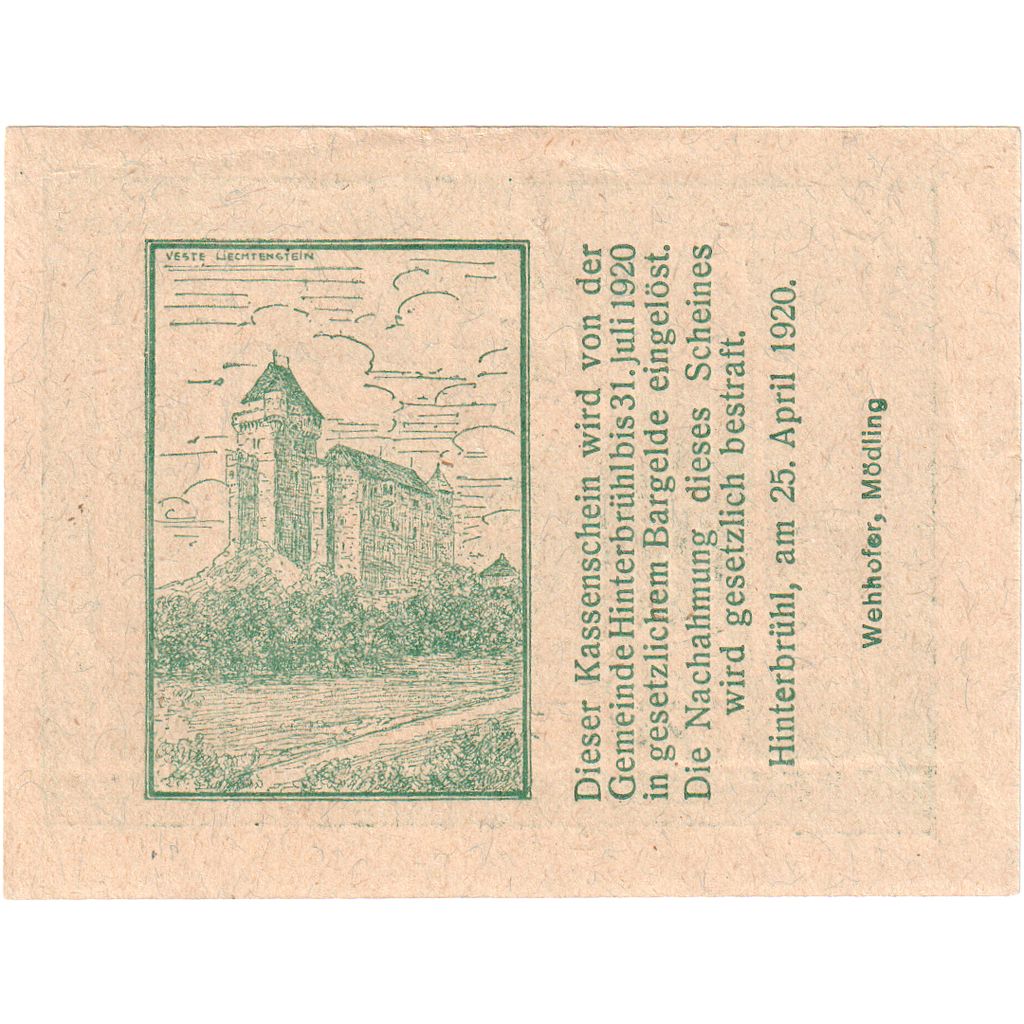 Austria, Hinterbrühl, 50 Heller, 1920-04-25, EF(40-45)