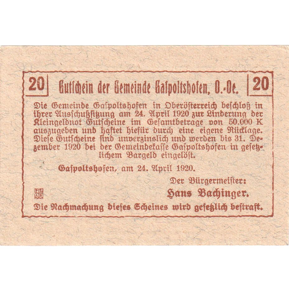 Austria, Gaspoltshofen, 20 Heller, 1920-12-31, UNC(63)