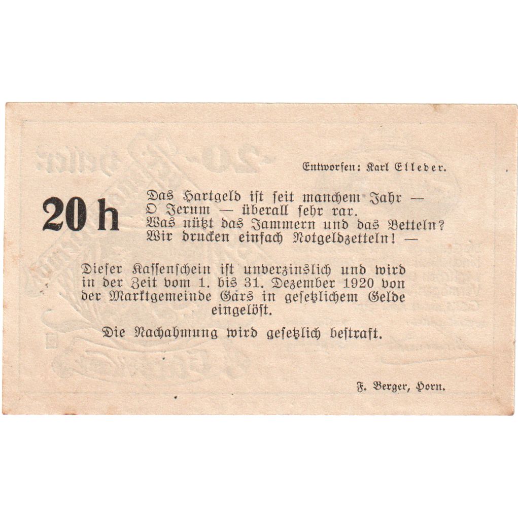 Österreich, Gars am Kamp, 20 Heller, 1920-12-31, UNZ-