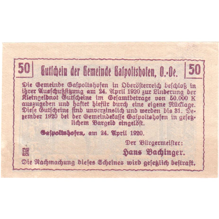 Austria, Gaspoltshofen, 50 Heller, 1920-09-30, UNC(63)