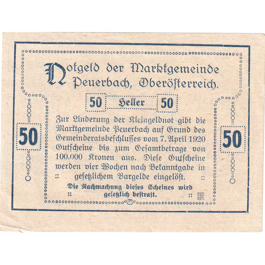 Austria, Peuerbach, 50 Heller, 1920-04-07, UNC(63)