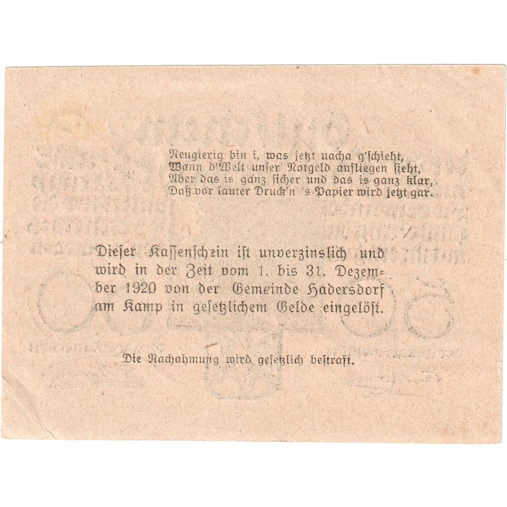 Austria, Hadersdorf, 50 Heller, 1920-12-31, UNC(63)