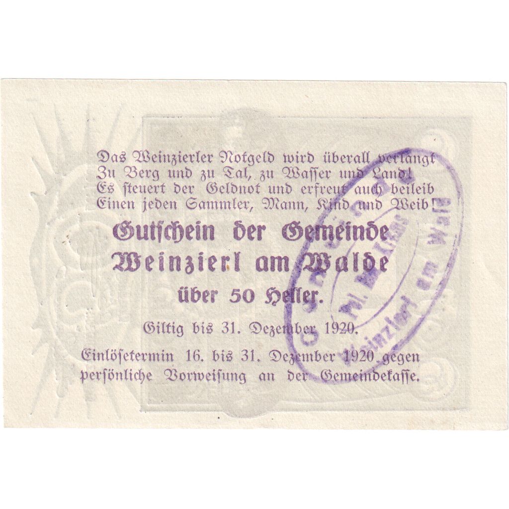 Österreich, Weinzierl, 50 Heller, 1920-12-31, UNZ-