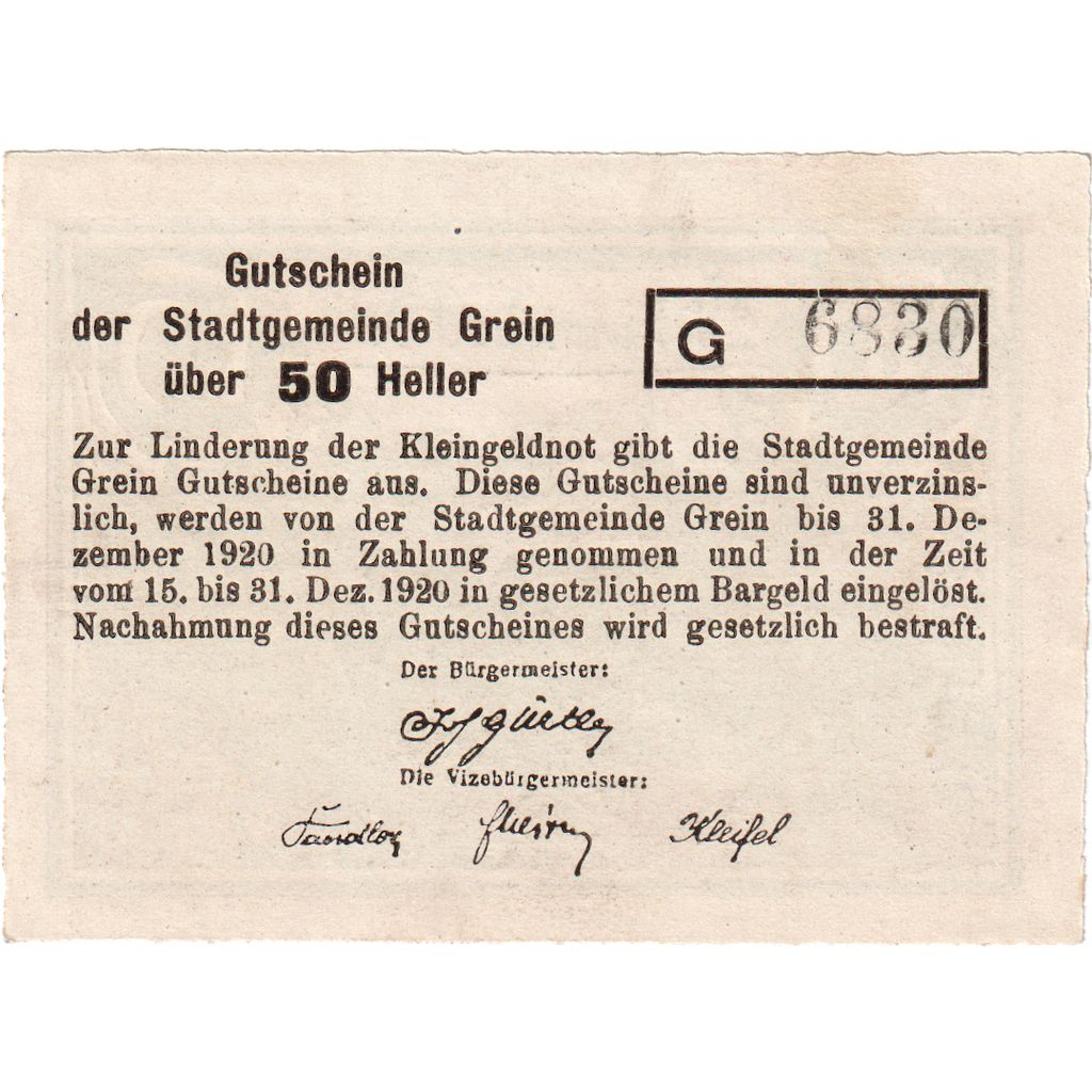 Austria, Grein, 50 Heller, 1920-12-31, UNC(63)