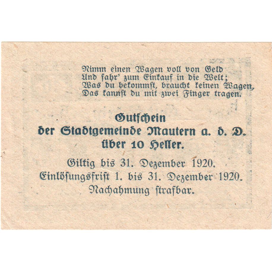 Austria, Mautern, 10 Heller, 1920-12-31, UNC(63)